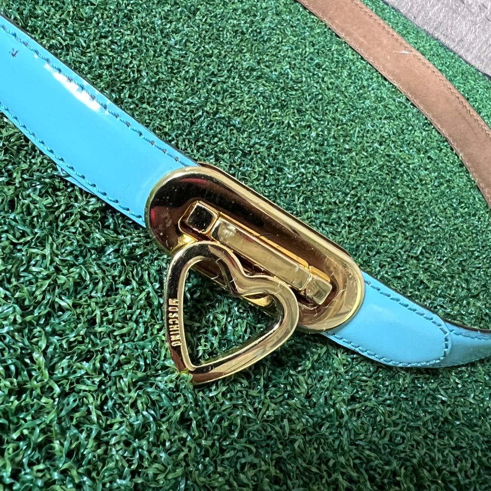 Moschino Turquoise Patent Leather Belt with Gold Heart Buckle